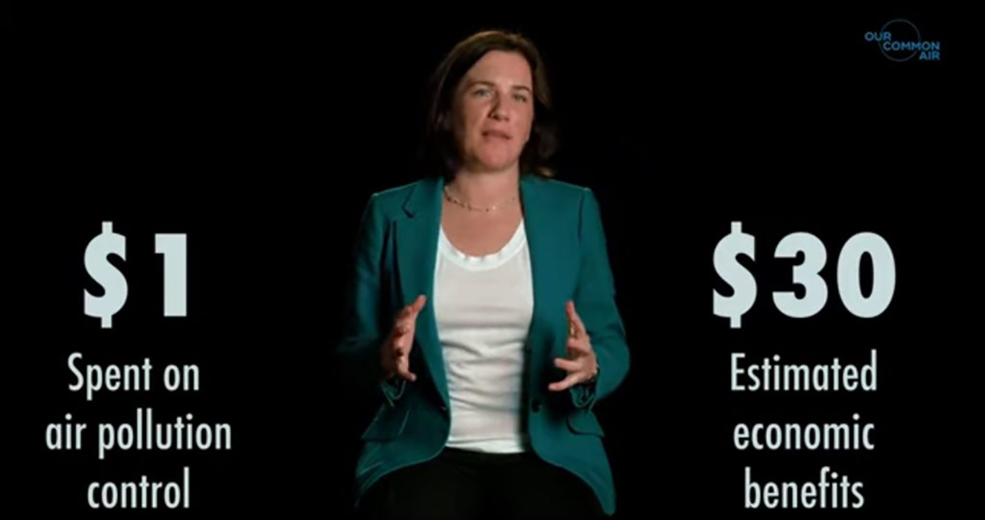 A person in a green jacket with white text on a black background