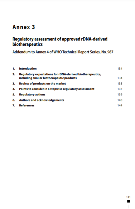 Regulatory assessment of approved rDNA-derived biotherapeutics, Annex 3, TRS No 999